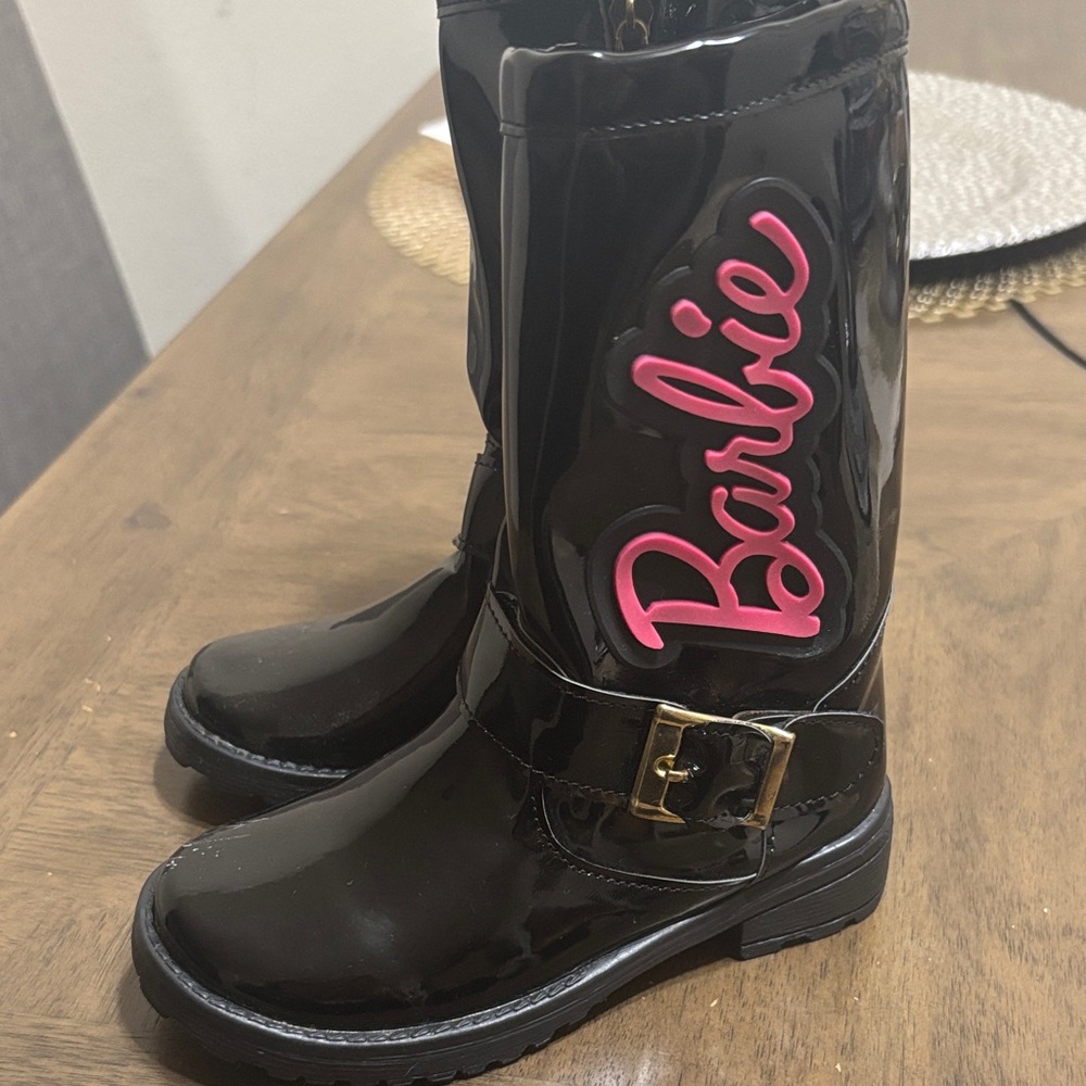 Barbie Shiny Black Kids Boots with Pink Logo